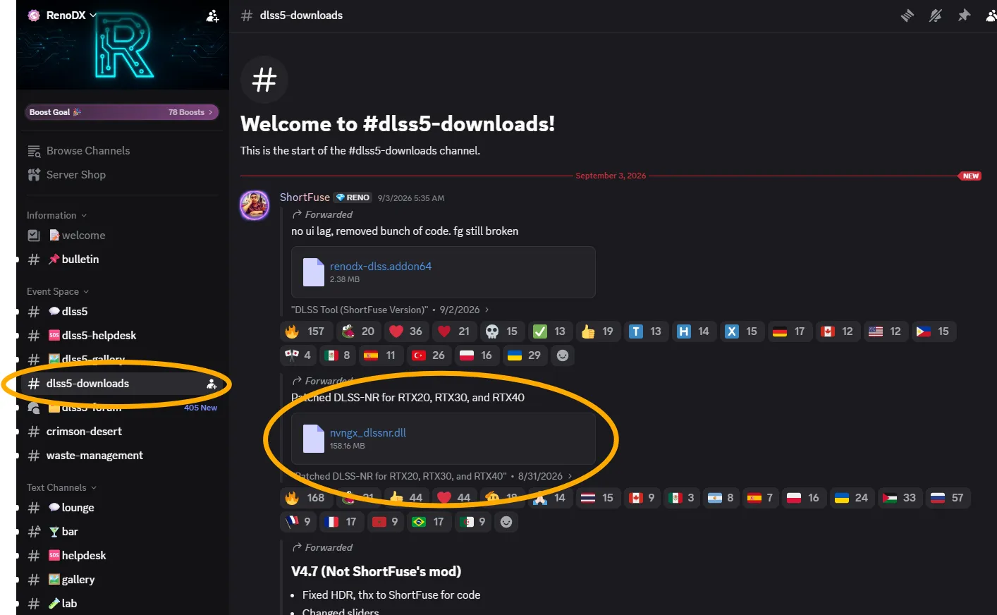 The #dlss5-downloads channel with the nvngx_dlssnr.dll attachment
